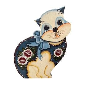 Vintage Folk Art Wooden Kitty Cat Door Stop Hand Painted Sign